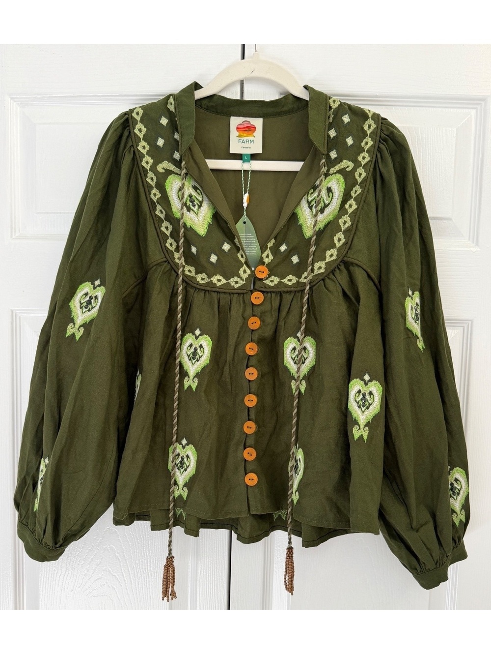 FARM RIO Embroidered Linen-Blend Blouse NWT Large - Picture 5 of 8